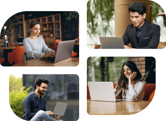 a collage of people using laptops