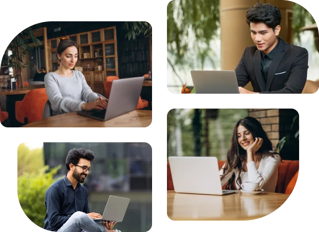 a collage of people using laptops